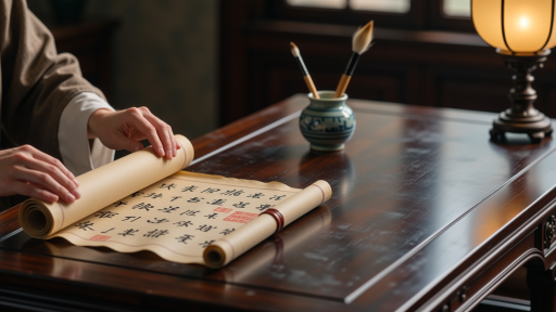 一卷展开的古代线装书，纸张泛黄，上面印有黑色繁体汉字，旁边放置着一方砚台和毛笔，暖色调室内光线