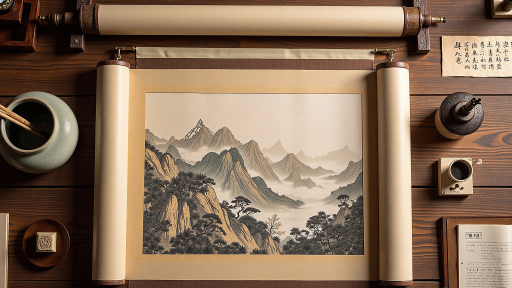 云雾缭绕的高山之巅，几棵古松挺立在岩石上，远处是连绵的山脉和云海，中国传统山水画意境的自然风景