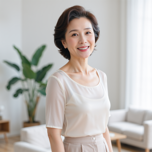 五十岁左右中年女性半身肖像，穿白色棉麻质感中式上衣，头发盘起，面带微笑，背景为模糊的木质书架，自然光拍摄
