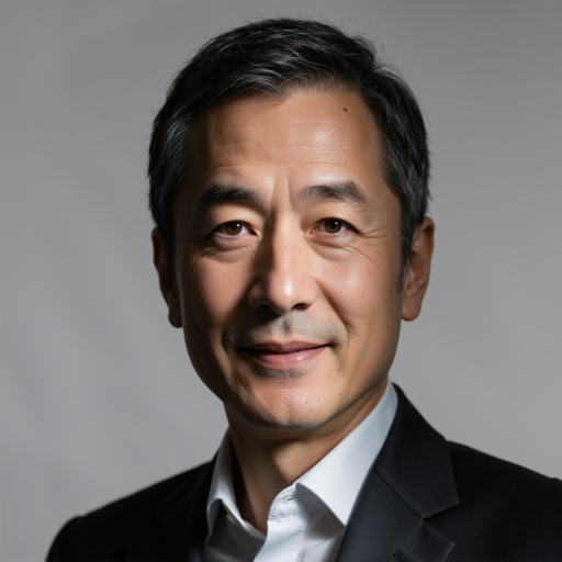 四十多岁中年男性半身肖像，穿黑色唐装，留着短发，神态沉稳，背景为纯黑色，侧光照明凸显面部轮廓，专业人像摄影